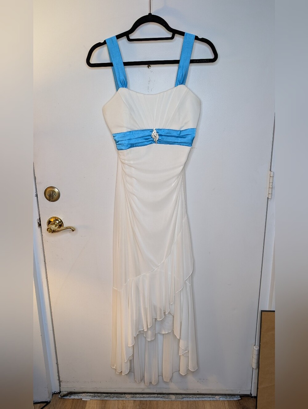 Vintage Y2K Dub White High-low Asymmetrical Ruffled Rude Blue Sash Dress Size Me